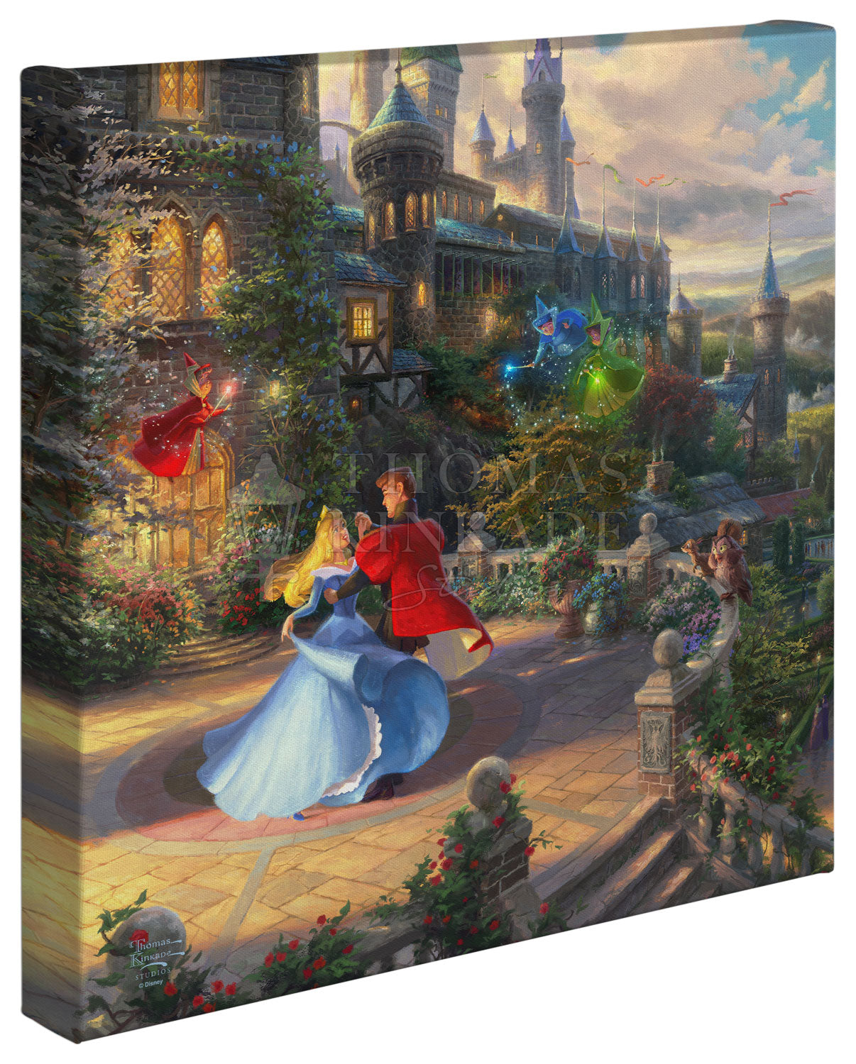 Aurora and the Prince are in the courtyard under an enchanted light streaming down from the good fairies. 