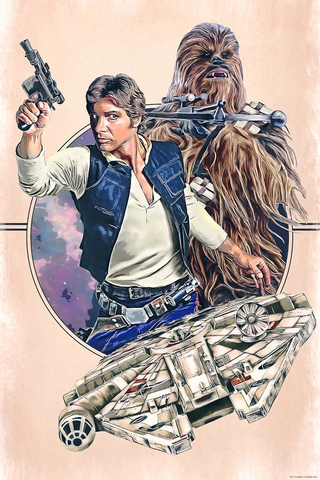 Artwork inspired by Star Wars: A New Hope featuring Han Solo and Chewbacca.