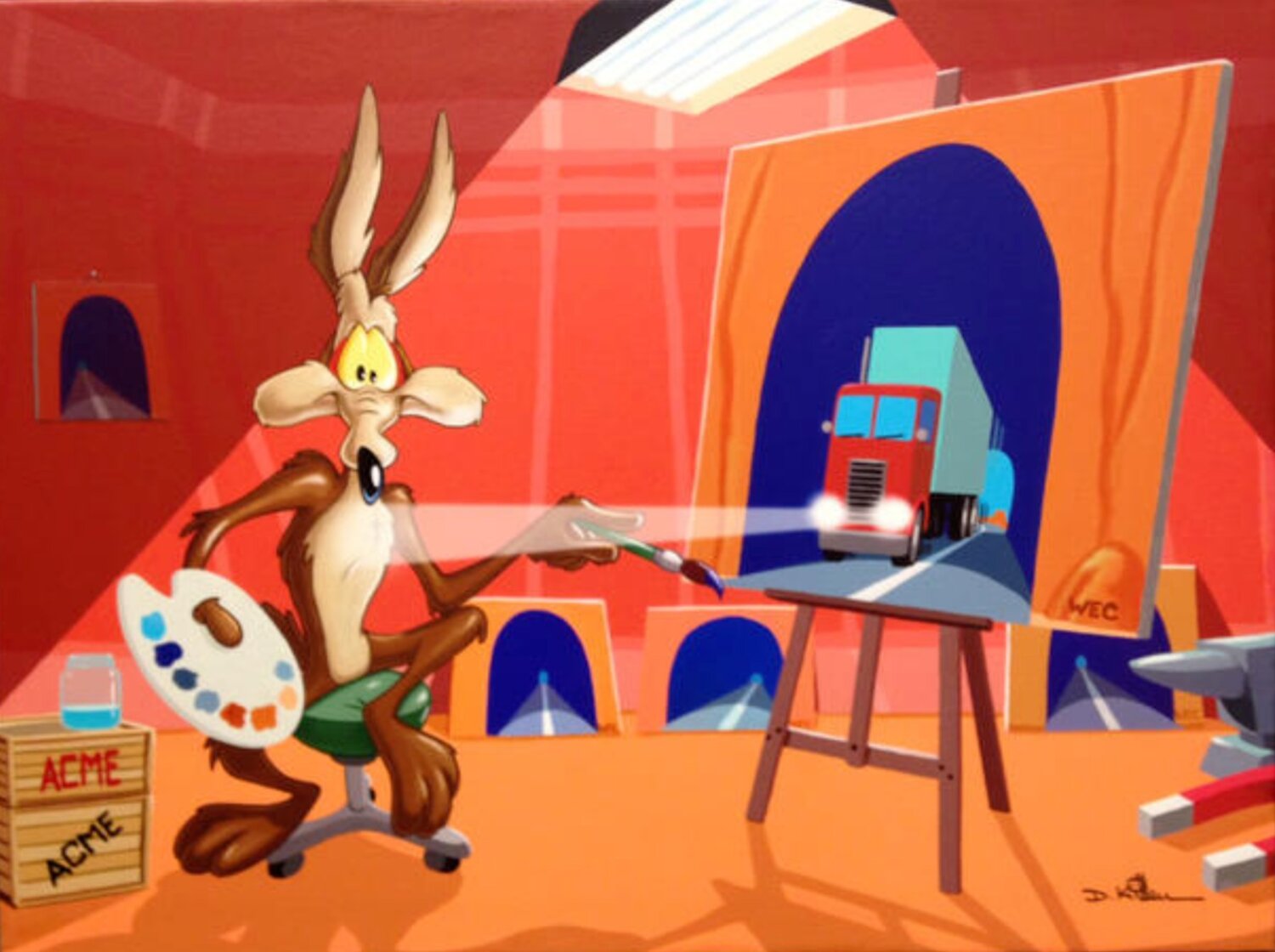A surprised Wile E. Coyote painting a semi-truck whose lights are shining off the paper onto his chest.  Canvas