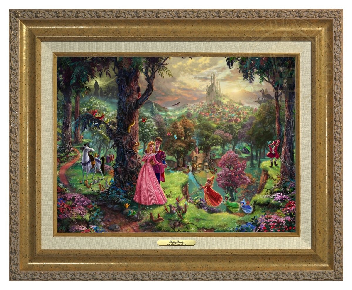 Princess Aurora and Prince Phillip, are surrounded by their friends from the forest and the three good fairies, Flora, Fauna, and Merryweather - Antique Gold Frame