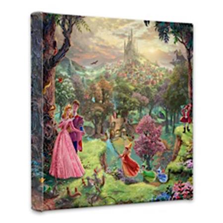 Prince Phillip holds his awakened beauty Aurora - Sleeping Beauty as her fairy godmothers gather around in this rich and colorful landscape you can see the quaint village and the towering castle from a distance. 14x14