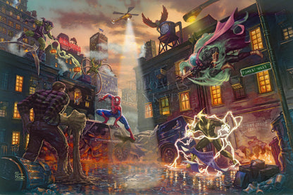 Today the Sinister Six have chosen to tangle with Spider-Man, and as the sun sets over New York City, - Unframed