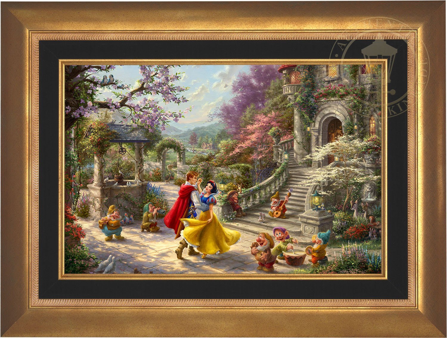 Snow White and the Prince dancing in the courtyard, accompanied by the Seven Dwarfs - Aurora Gold Frame