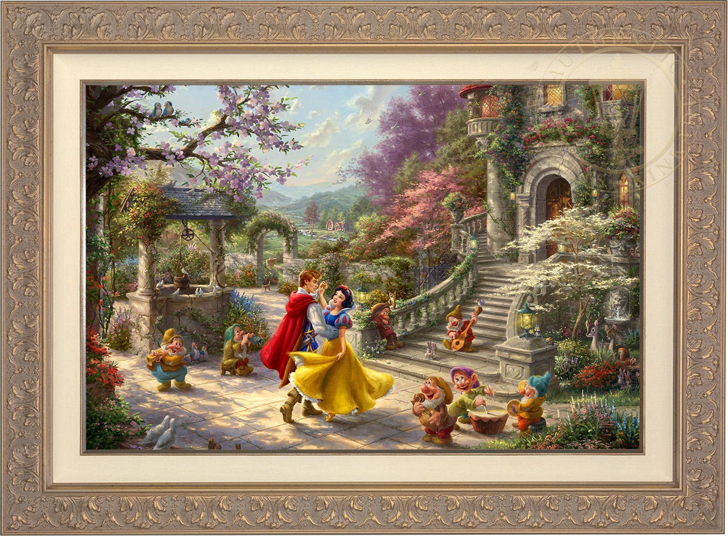 Snow White and the Prince dancing in the courtyard, accompanied by the Seven Dwarfs - Carrisa Frame
