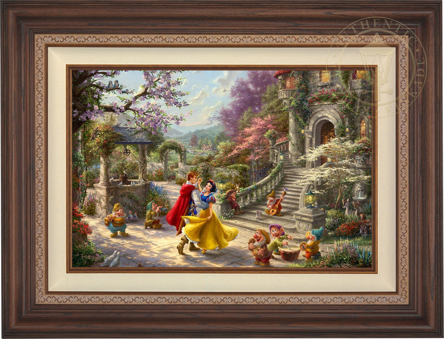 Snow White and the Prince dancing in the courtyard, accompanied by the Seven Dwarfs - Dark Walnut Frame