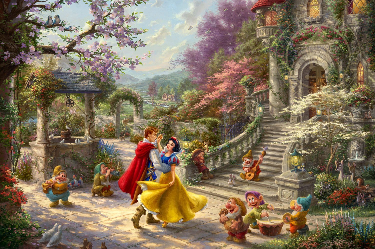 Snow White and the Prince dancing in the courtyard, accompanied by the Seven Dwarfs - Closeup