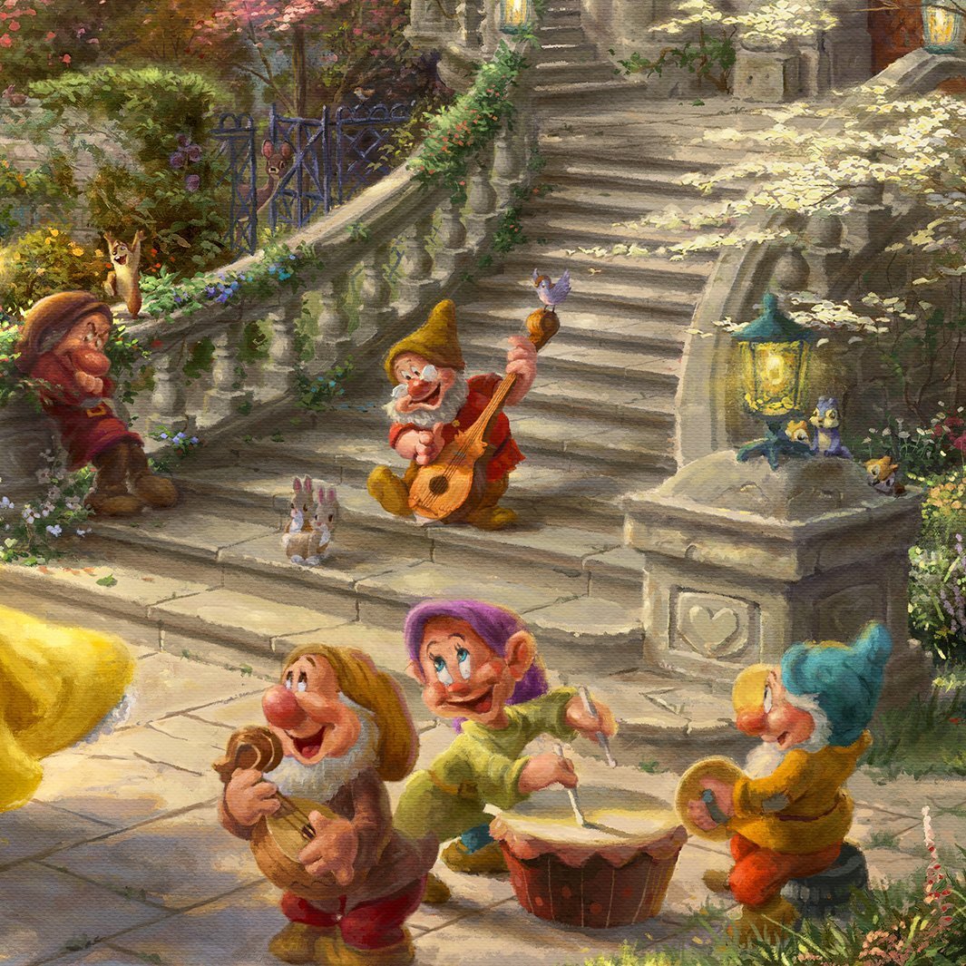 Dwarfs: Doc, Dopey, Grumpy, Happy, Sleepy, Bashful and Sneezy are all in the courtyard, playing their instruments for their friends - closeup
