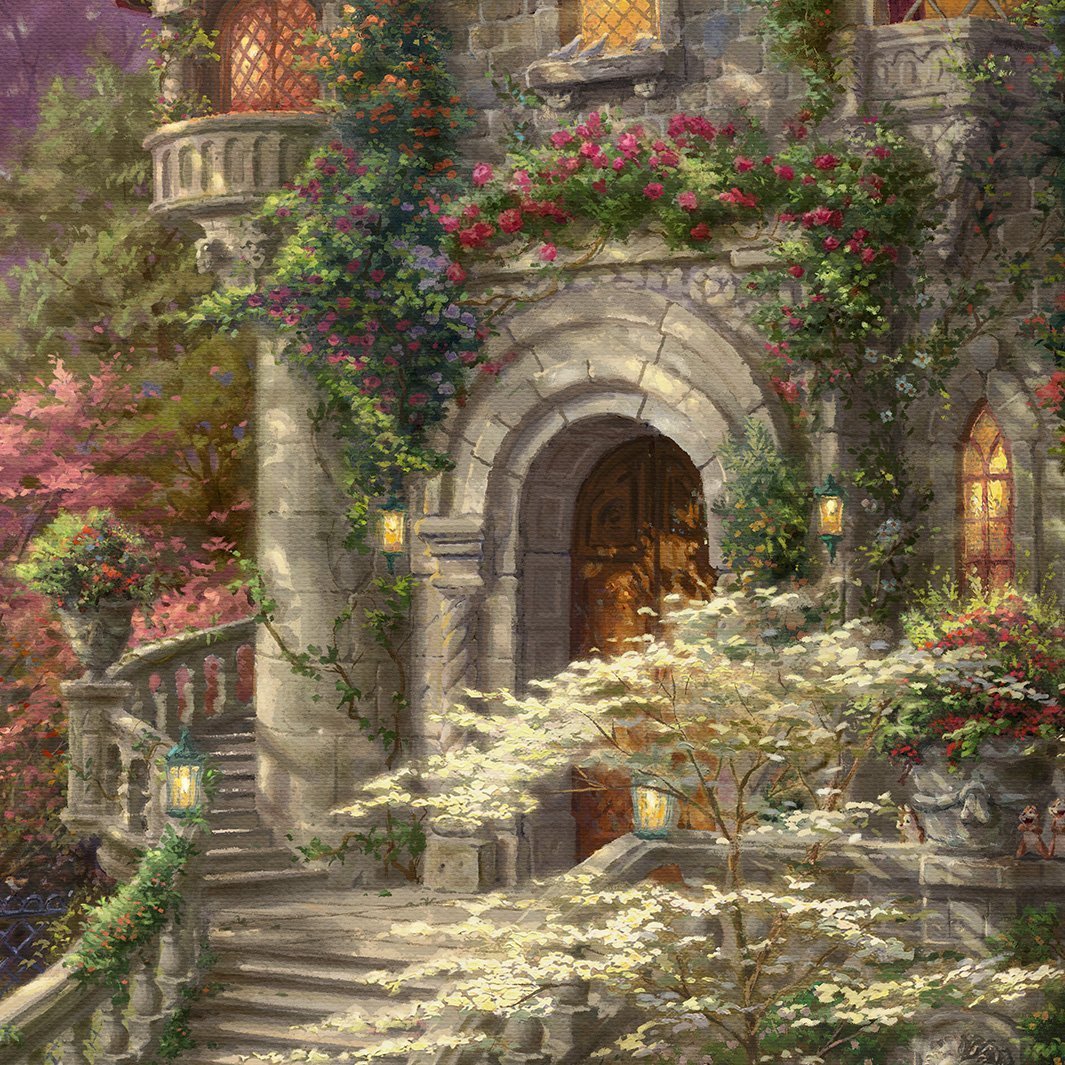 This scene is basked in Kinkadian light, and flora and fauna are painted in Thom’s signature style - closeup