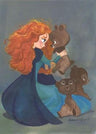 Merida starts crying again and calls out until her brothers show up… but they, too, have been turned into bears for eating of the cursed cake. She tells them to get the key. They release Merida, and all four rides on Angus while Merida frantically sews up the tapestry - Canvas