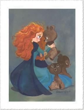 Merida starts crying again and calls out until her brothers show up… but they, too, have been turned into bears for eating of the cursed cake. She tells them to get the key. They release Merida, and all four rides on Angus while Merida frantically sews up the tapestry - Paper
