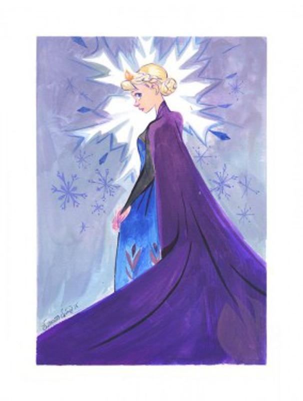 Elsa in a wearing in a purple cape, with a snow flake aura aound her.