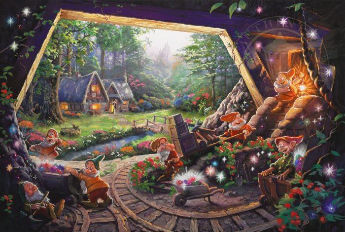 Snow White and the Seven Dwarfs - Dwarfs in the Diamond mines and Cottage at a distance - unframed