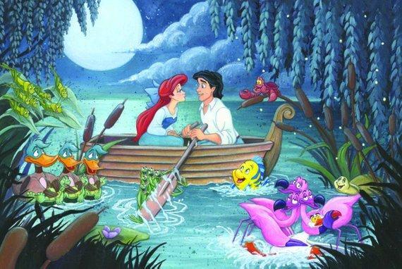 Ariel and Prince Eric are falling in love, under the moonlight, inspired by Disney's storybook fairy tale.