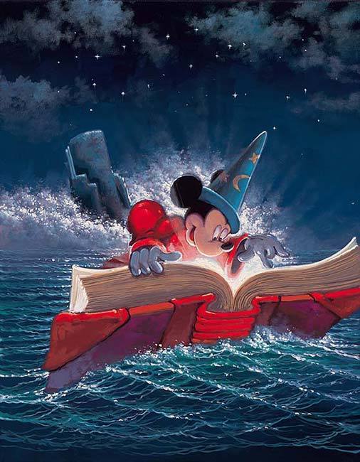 Sorcerer's Apprentice Mickey searches the wizards book for magical spells 