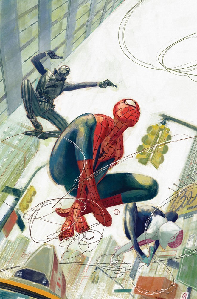 Comic cover art: Spider-Man with Spider-Geddon and Ghost-Spider.