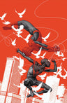 Comic cover art: Spider-Man with the new Spider-Man: Miles Morales leaping up into the sky.