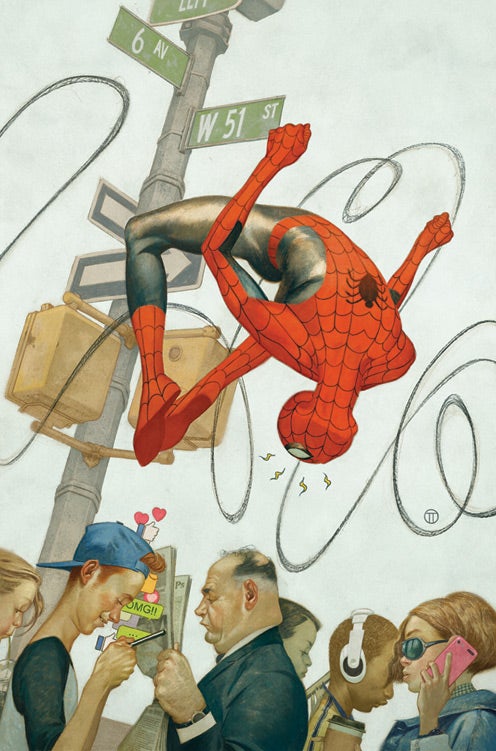 Comic cover art: Spider-Man twirling above the crowd,