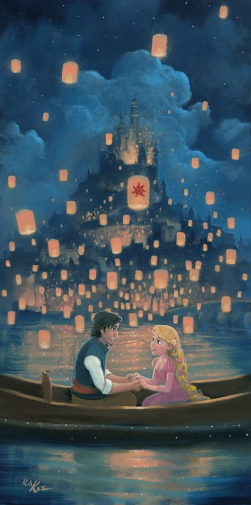 Star Crossed Love by Rob Kaz.  Rapunzel and Flint are surrounded by the floating lanterns lighting the night sky, as they hold hands and fall in love.