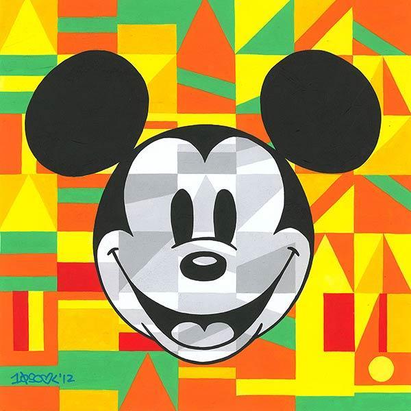 Bright Yellows, Orange, and Green, background surrounds Mickey face... 