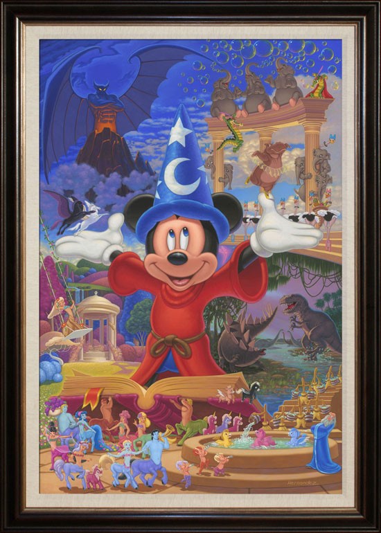 Disney Story of Music and Magic by Manuel Hernandez.    Featuring Mickey the Sorcerer and more than 60 individually illustrated and meticulously hand-painted characters, this intricately detailed tribute is bursting with color! - Black Frame