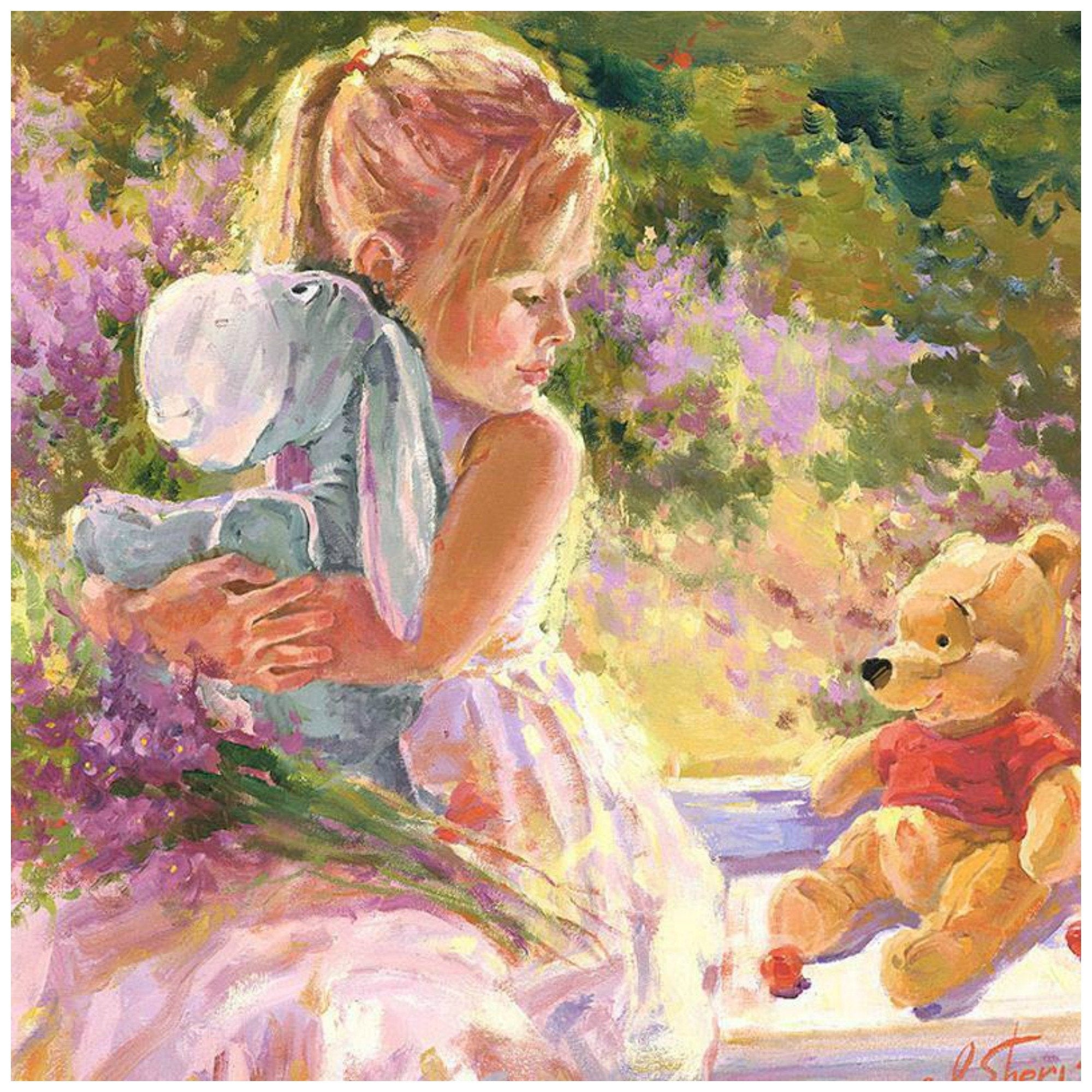 Sunny Window by Irene Sheri  Little girl sits on a bench holding her favorite stuff animal Eeyore, Winnie the Pooh sits next to her - closeup