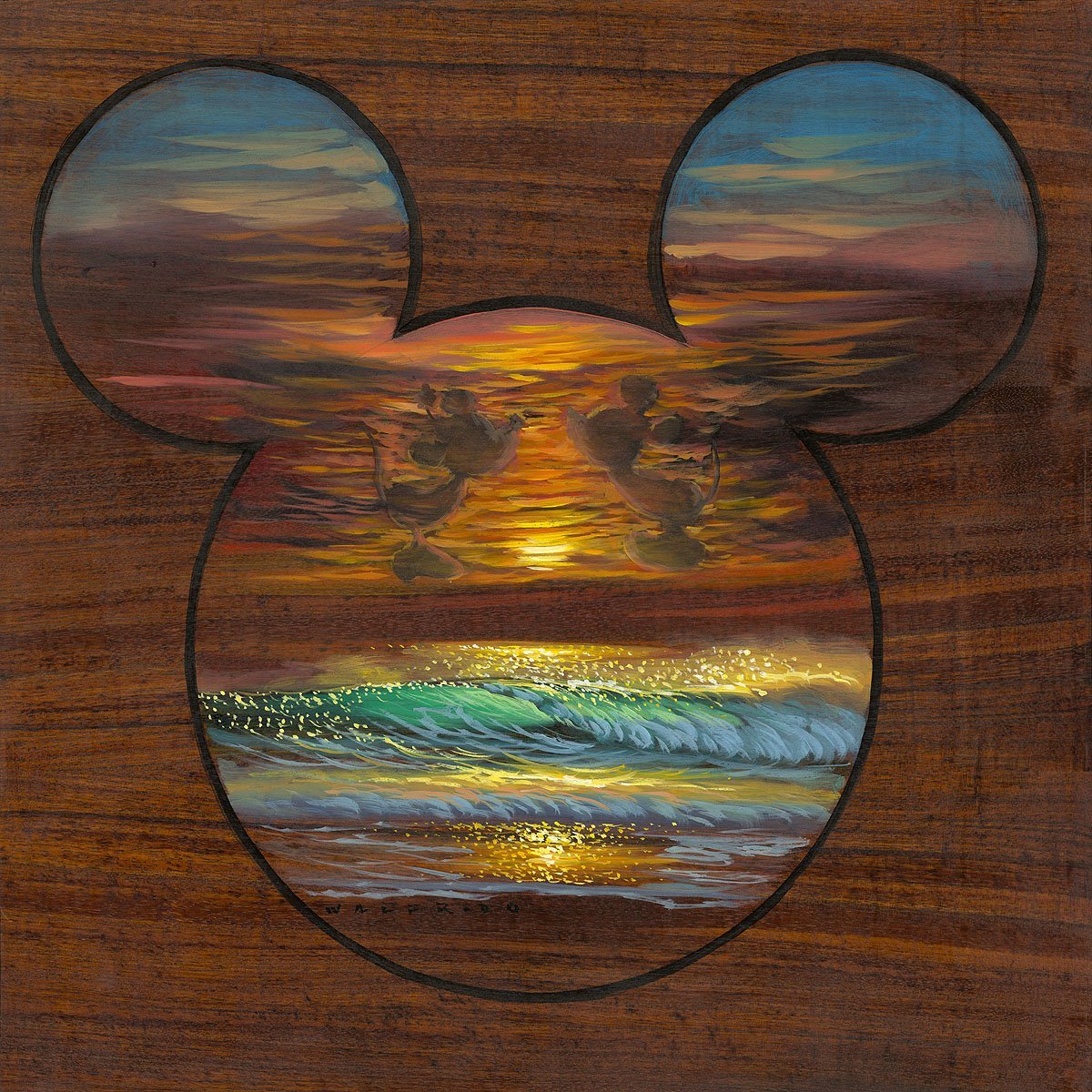 Sunset Sihouette by Walfrido Garcia. Inside Mickey's head outline is a cloud formation of Mickey and Minnie silhouette close to kissing each other over a beautiful ocean sunset.