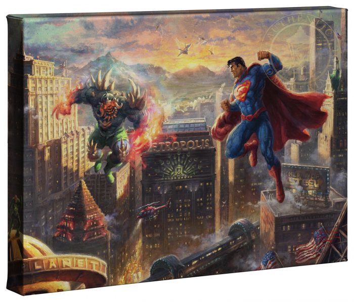 Superman and Lex Luthor, who can be seen standing on top of The Daily Planet with his vengeful fist raised in the air.