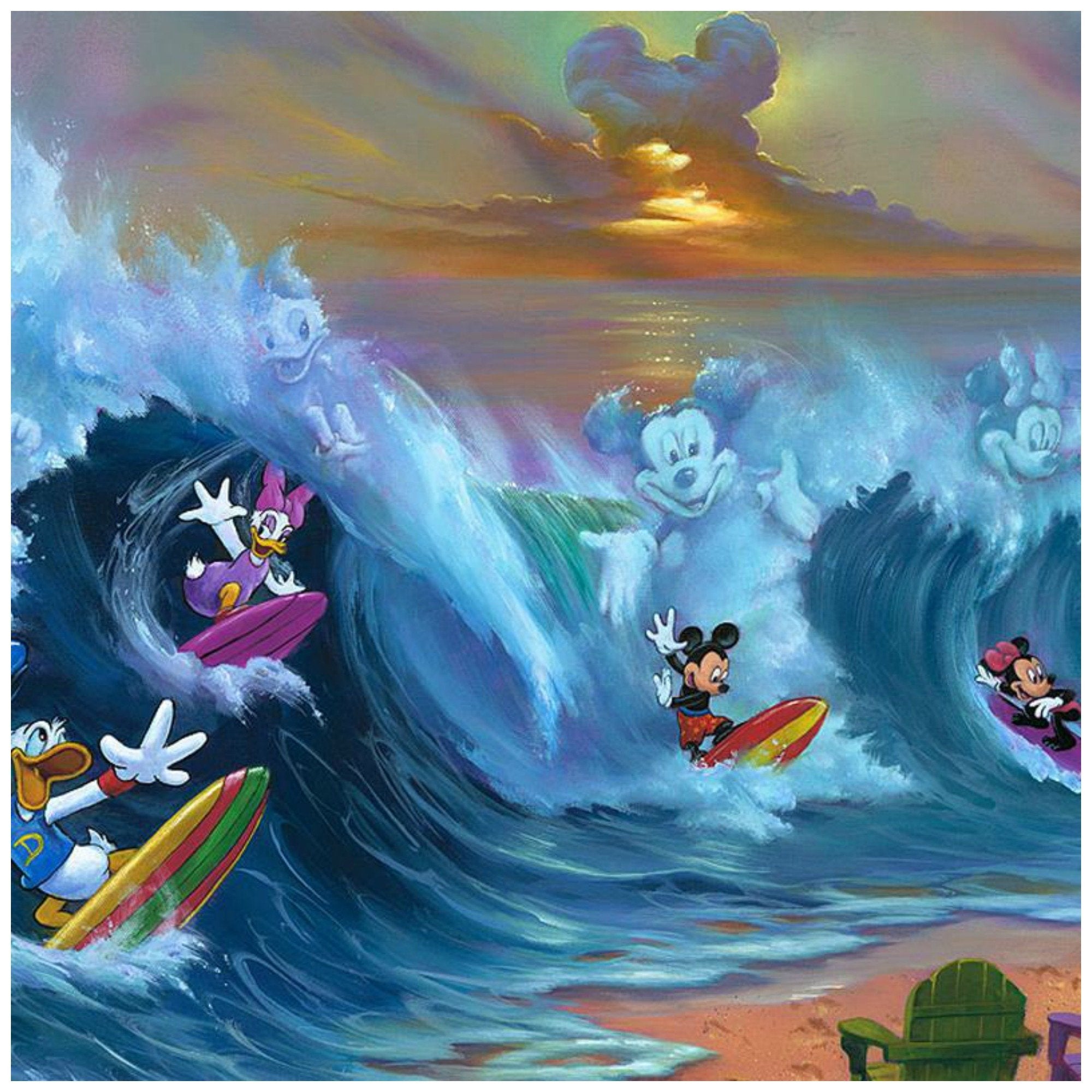 Surfing with Friends by Jim Warren  Mickey, Minnie, Donald, and Daisy having fun surfing, you can also see images of them formed in the waves, the sunset clouds are in the form of Mickey&