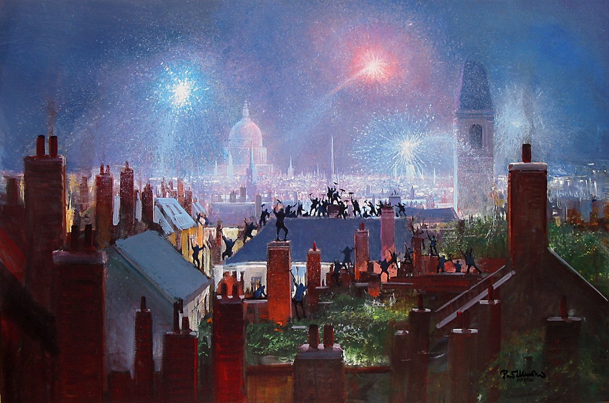 Sweep Dance on the Rooftops by Peter Ellenshaw  Dancers holding black umbrellas dance on top of the cities rooftops