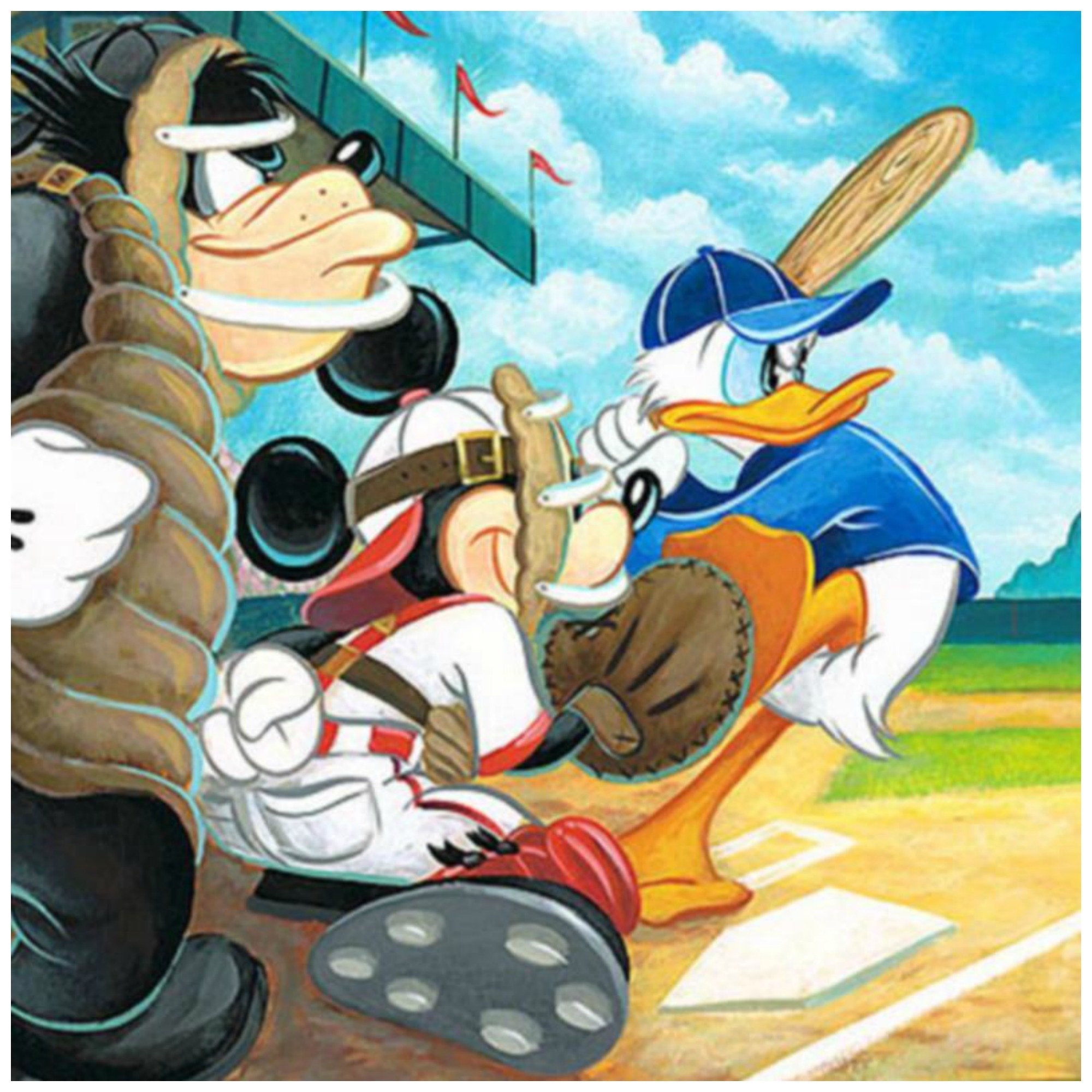 Swing for the Fences by Tim Rogerson  A day at the baseball field, Goofy pitches Donald a swirly ball, with Mickey as the catcher ready to catch if Donald strikes out - closeup