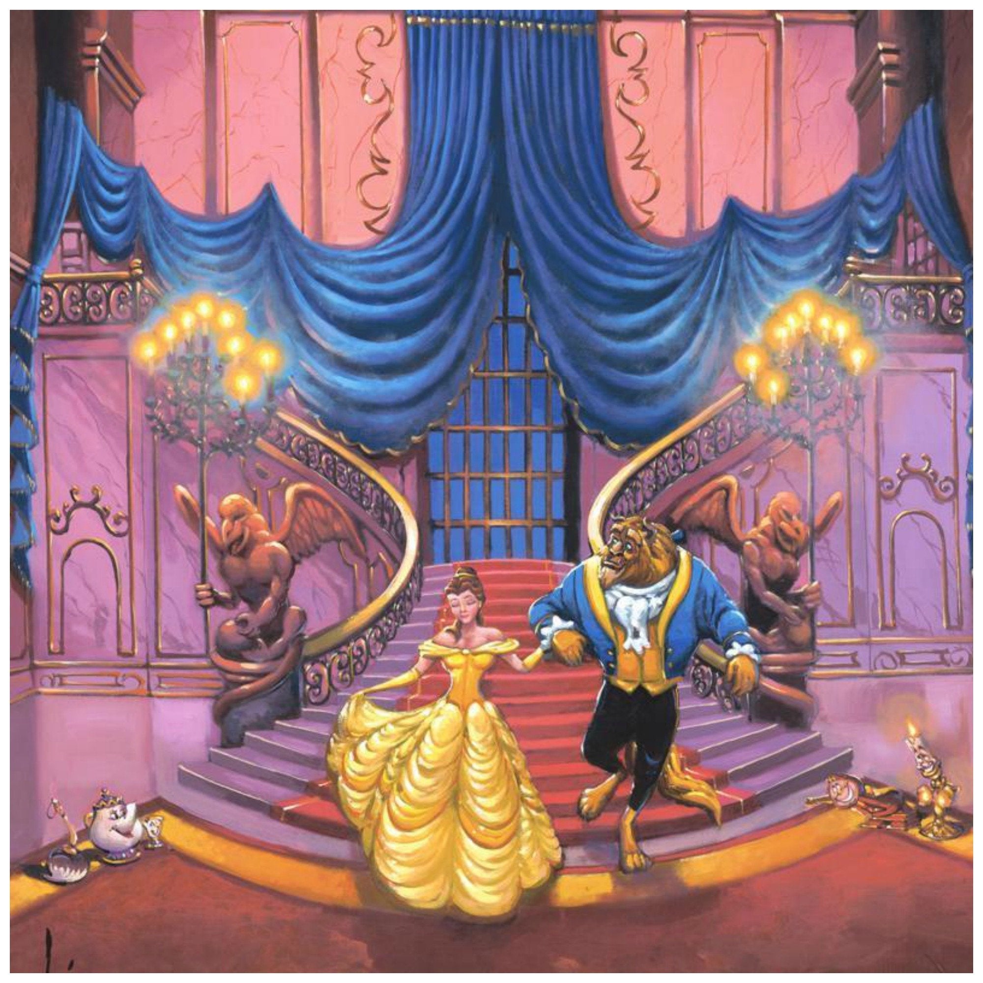 Tales as Old as Time by Rodel Gonzalez.  Belle in her beautiful yellow gown and the Beast make a big entrance as the castle's enchanted servants greet them at the bottom of the stairs. 