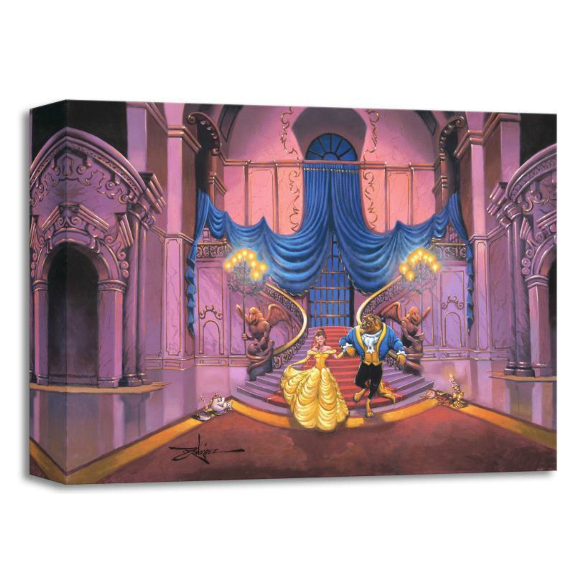 Tales as Old as Time by Rodel Gonzalez.  Belle in her beautiful yellow gown and the Beast make a big entrance as the castle's enchanted servants greet them at the bottom of the stairs. 