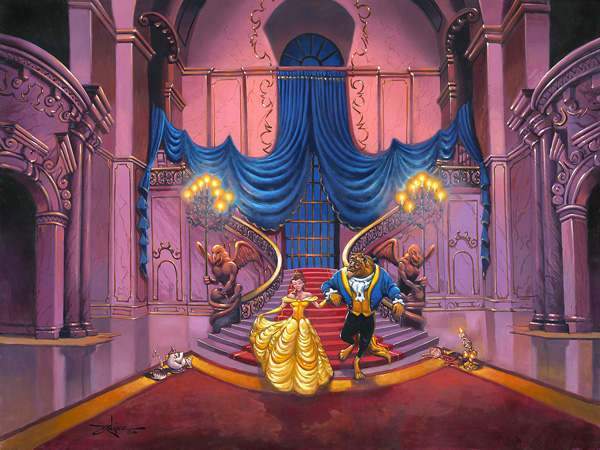 Belle and the Beast coming down the grand castle's stairs, into the ballroom.