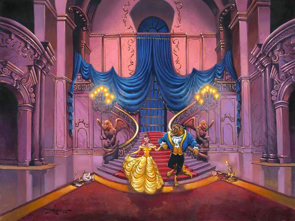 Belle and the Beast coming down the grand castle&