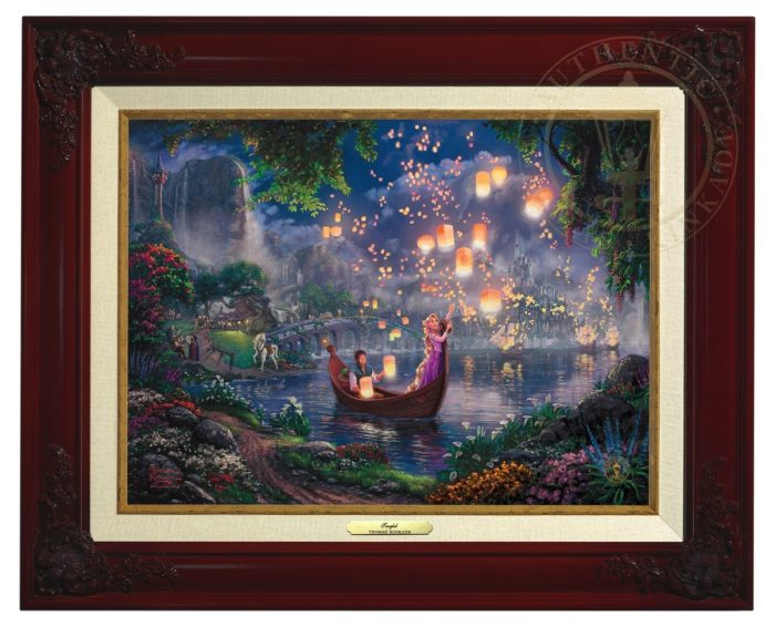 Tangled by Thomas Kinkade  The new found love of Rapunzel and Flynn as they boat together on her 18th birthday - Antique Gold Frame 