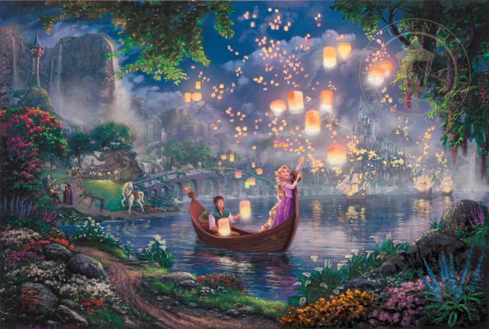 Rapunzel and Flynn on a boat watching the lantern go up.