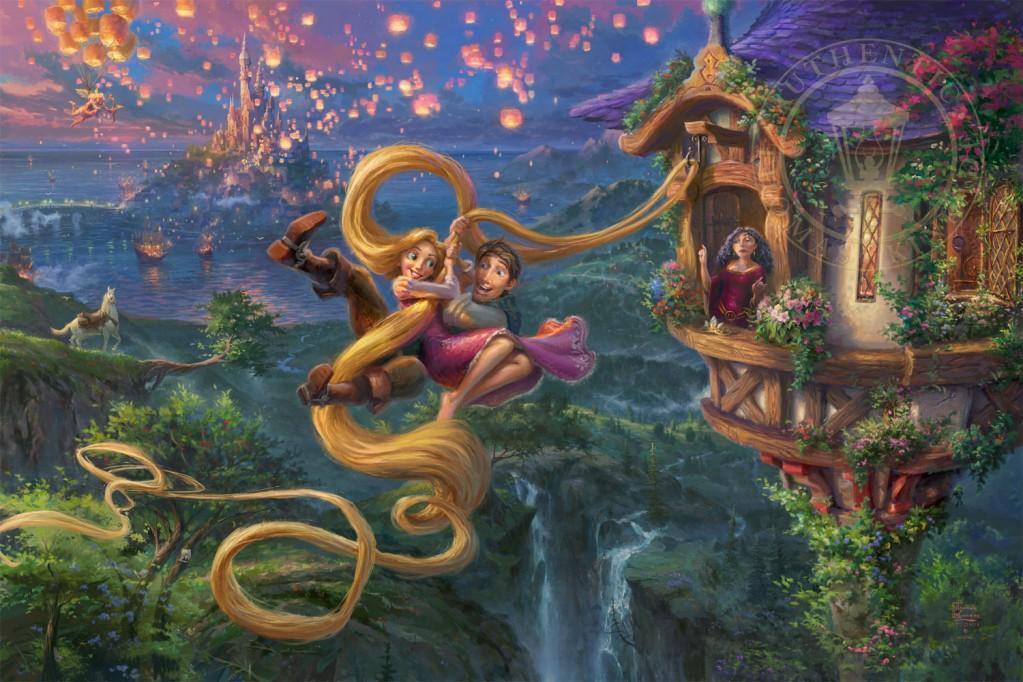 Mother Gothel watches from the tower's window as Rapunzel and Flynn use Rapunzel's long hair as a rope to escape the tower - Unframed.