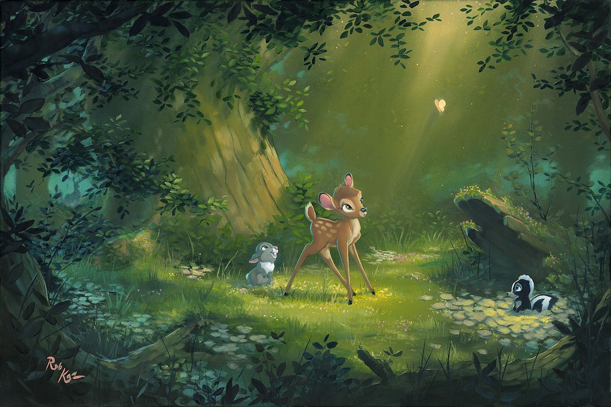 The Beauty of LIfe by Rob Kaz.  Bambi and her forest friends, Thumper the rabbit and Flower the skunk enjoy are captivated by a small white butterfly flying around.