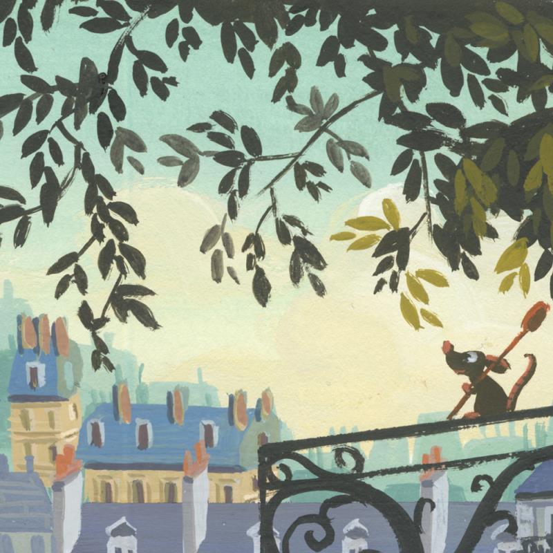 The Flavor of Paris by Lorelay Bove.  Remy the rat looks over the cities roof tops, from the balcony - closeup..