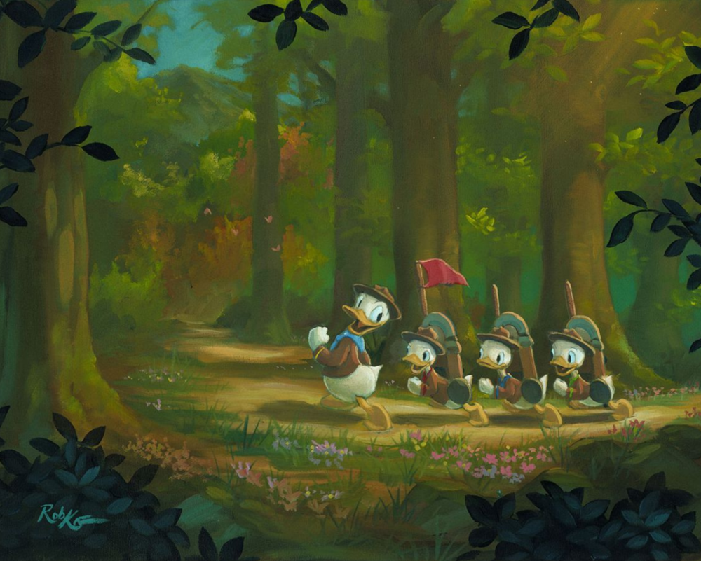 Scout Donald Duck marchs through the forest trails with his 3 nephews Huey, Dewey, and Loui