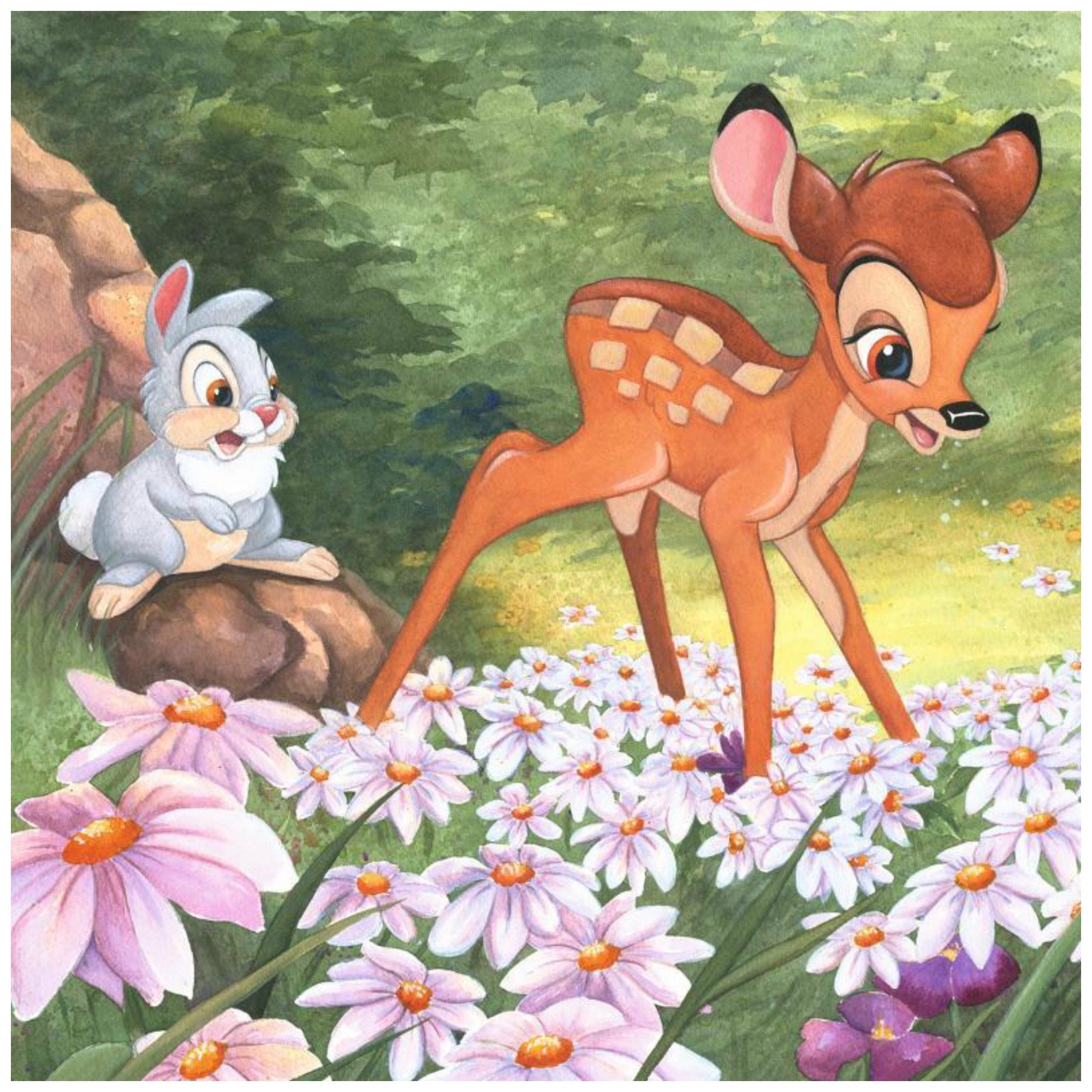 The Joy a Flowers Brings by Michelle St. Laurent.  Bambi and his friends Trumper and Flower play in a wooden area covered with flowers - closeup