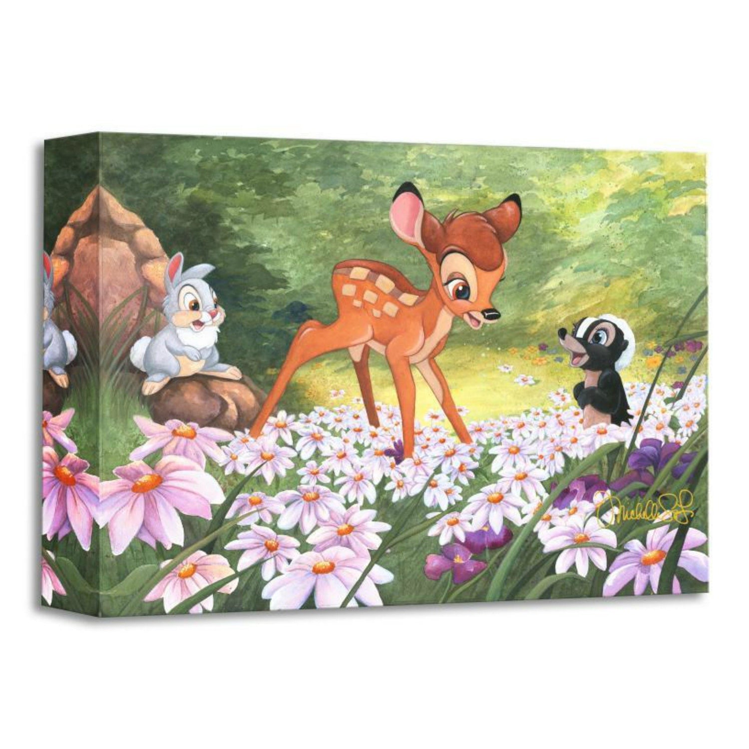 The Joy a Flowers Brings by Michelle St. Laurent.  Bambi and his friends Trumper and Flower play in a wooden area covered with flowers. 