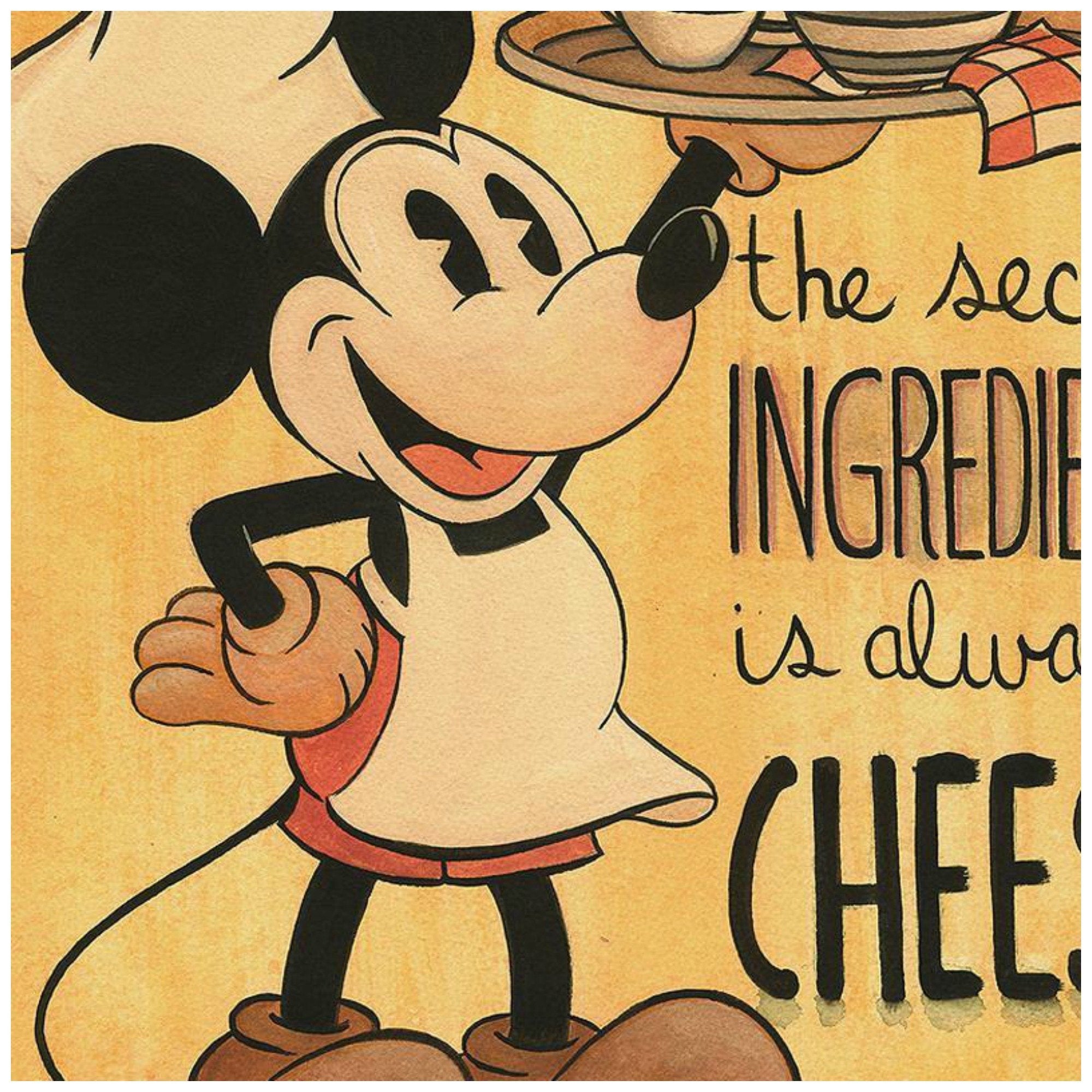 The Secret Ingredien tby Michelle St. Laurent.  Mickey the chef carrys the serving tray with the secret meal, in this vintage style sepia tone colors print - closeup.