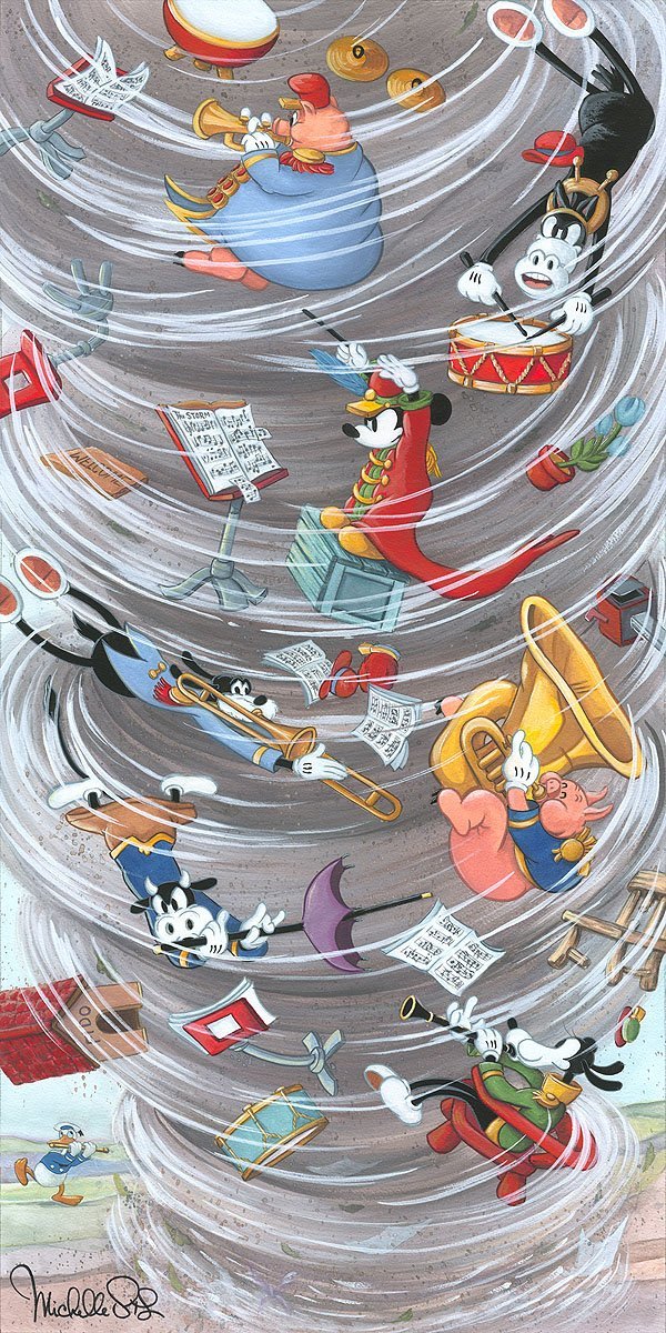 Mickey and the band sweep up in a spiral storm.