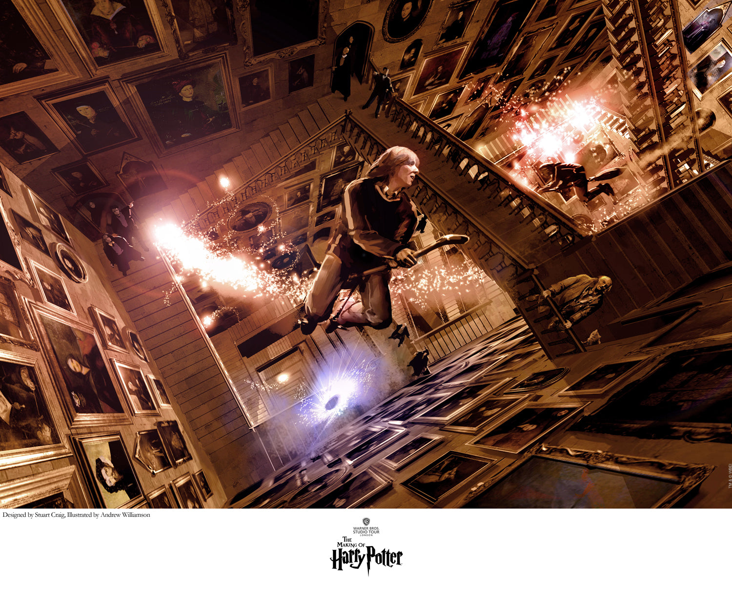 Fred and George Weasley flying on their magical broom sticks over the Great Hall, from the movie Harry Potter and the Order of the Phoenix.