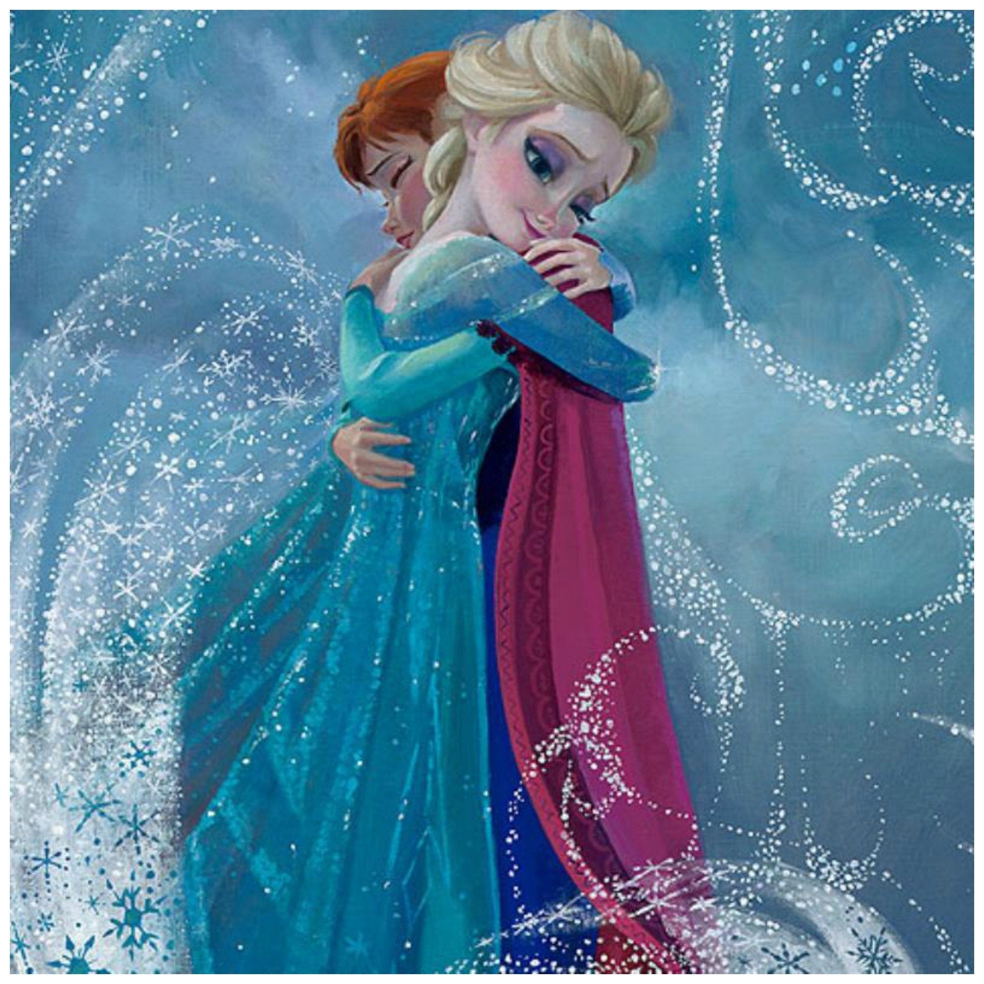 Elsa and Anna share a warm heart hug - closeup