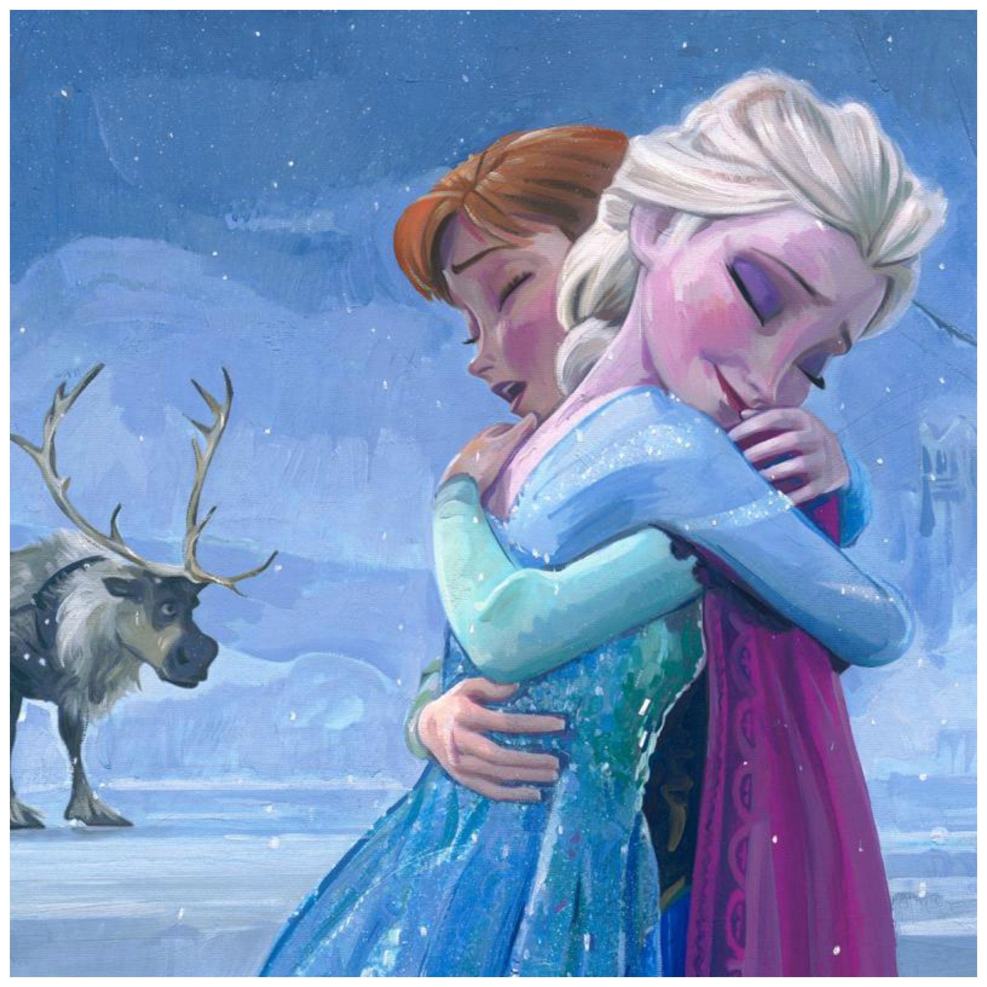 The Warmth of Love by Michelle St. Laurent.   Inspired by Disney film's "Frozen". Elsa and Anna sharing a sisterly love embrace - closeup