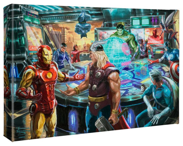 The warning message of this pending attack appears on their monitors. Iron Man, Thor, the Hulk, Hawkeye, Ant-Man, Wasp, Captain America, the Scarlet Witch, Quicksilver, Vision, Beast and Nick Fury get ready for an epic battle. - Gallery Wrap Canvas
