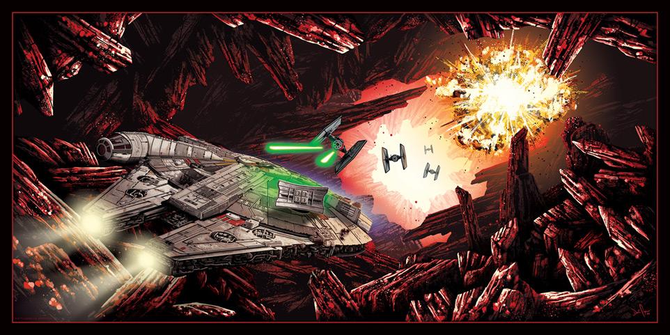 The Millennium Falcon being chased by the TIE fighters in the Battle of Crait.