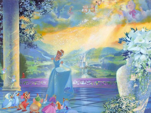 The Life She Dreams Of by John Rowe.  Cinderella dancing in the palace in her beautiful blue gown, Jaq, Gus, and her animal friends, watch her come from scullery maid to a beautiful princess, a dream come true.